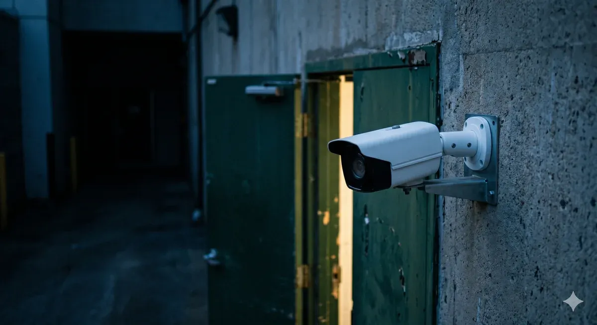 Caméra de surveillance pointant vers la droite, tandis qu'une porte entrouverte laisse filtrer de la lumière dans son angle mort