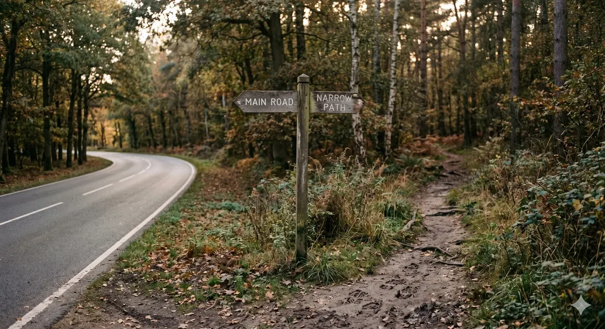Panneau indicateur à la fourche d'une route forestière : "Main Road" d'un côté, "Narrow Path" de l'autre