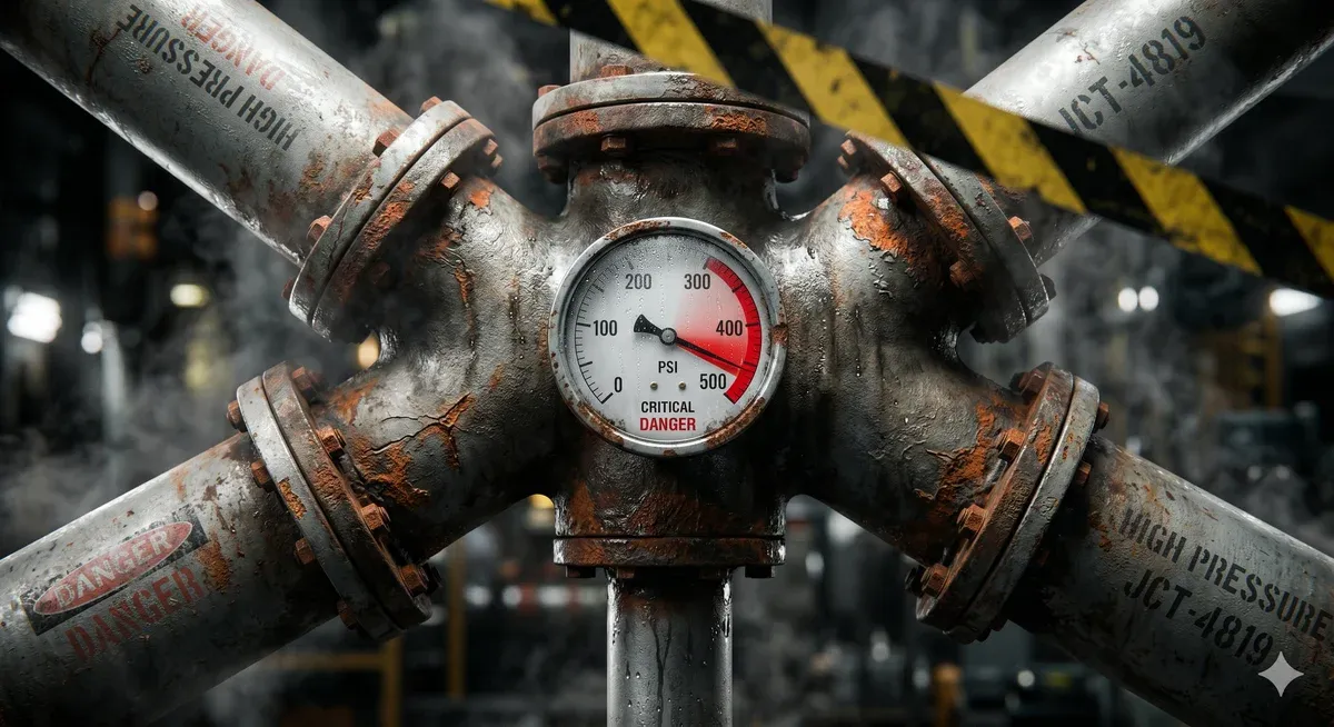 Jonction de tuyaux industriels sous haute pression, manomètre indiquant CRITICAL DANGER, vapeur et bandes de danger jaunes