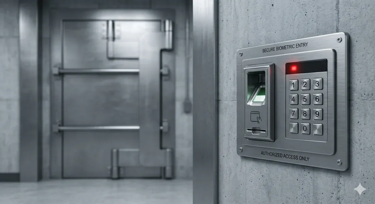 Panneau biométrique avec lecteur d'empreinte et clavier, LED rouge allumée, porte blindée fermée en arrière-plan