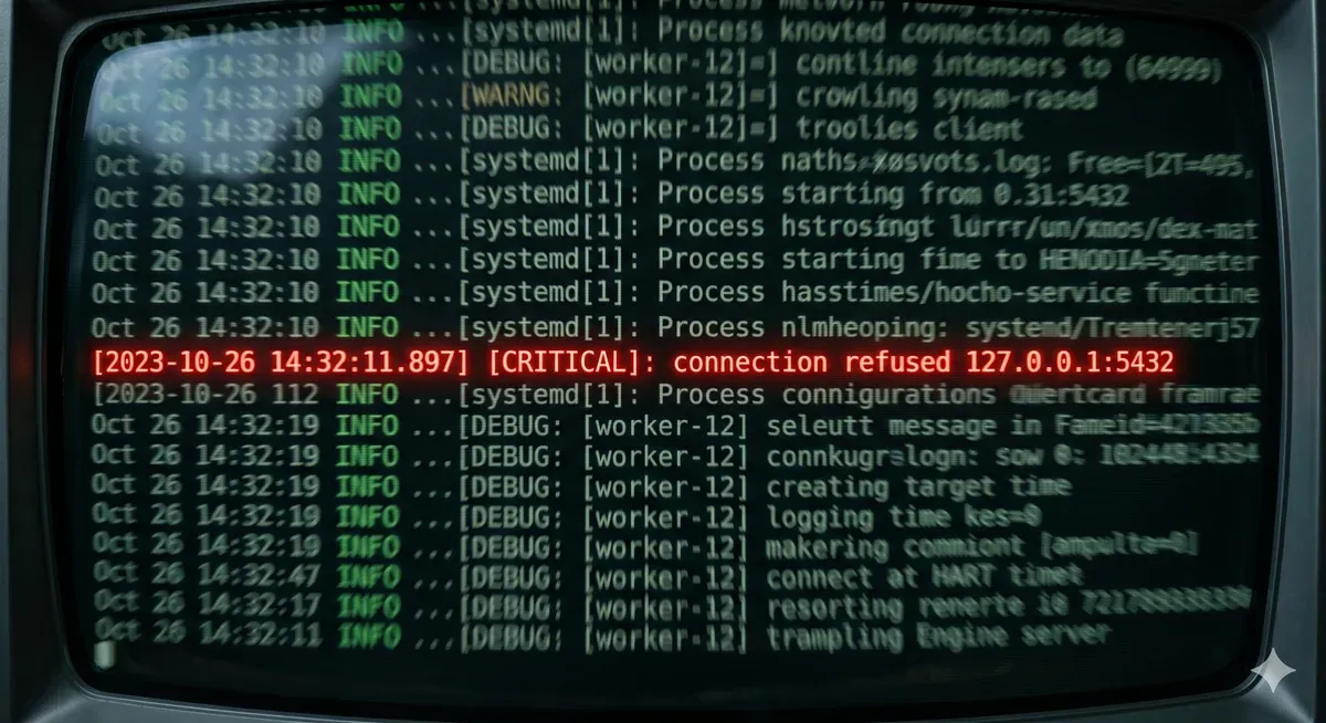 Terminal Linux affichant des logs serveur en cascade, une ligne CRITICAL en rouge signalant une connexion refusée